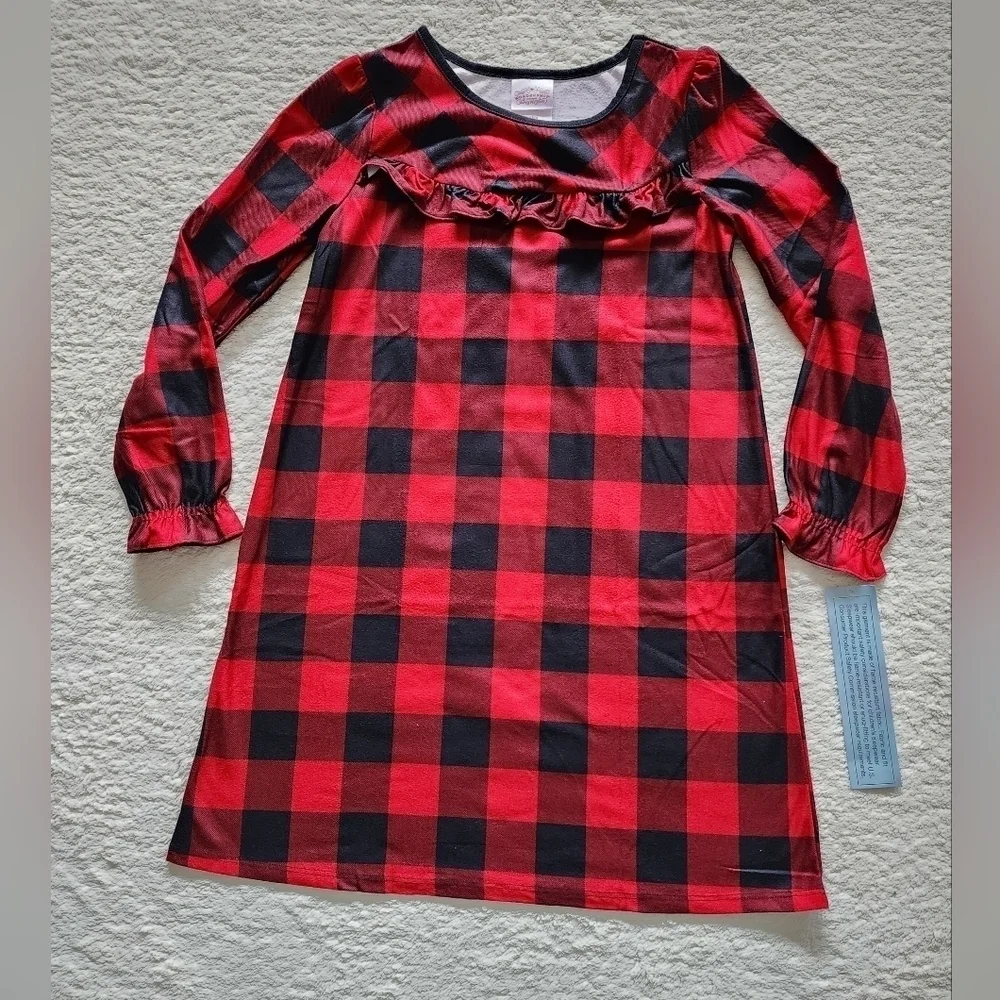 NEW girl's winter / Christmas buffalo check pajama nightgown size 2t 5 6 8 10